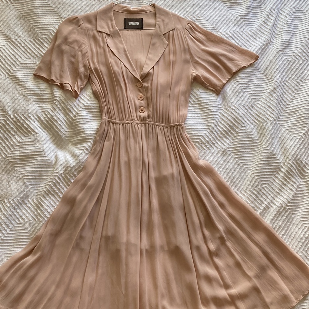 Reformation classic button short-sleeve a-line collared blush knee-length dress